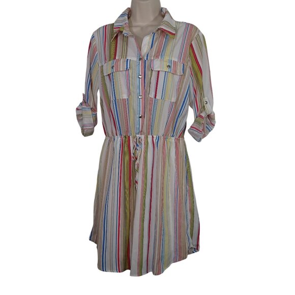 Bebop Striped Button Bodice Shirt Dress Women Size L Roll Tab 3/4 Sleeves NEW - Picture 1 of 14